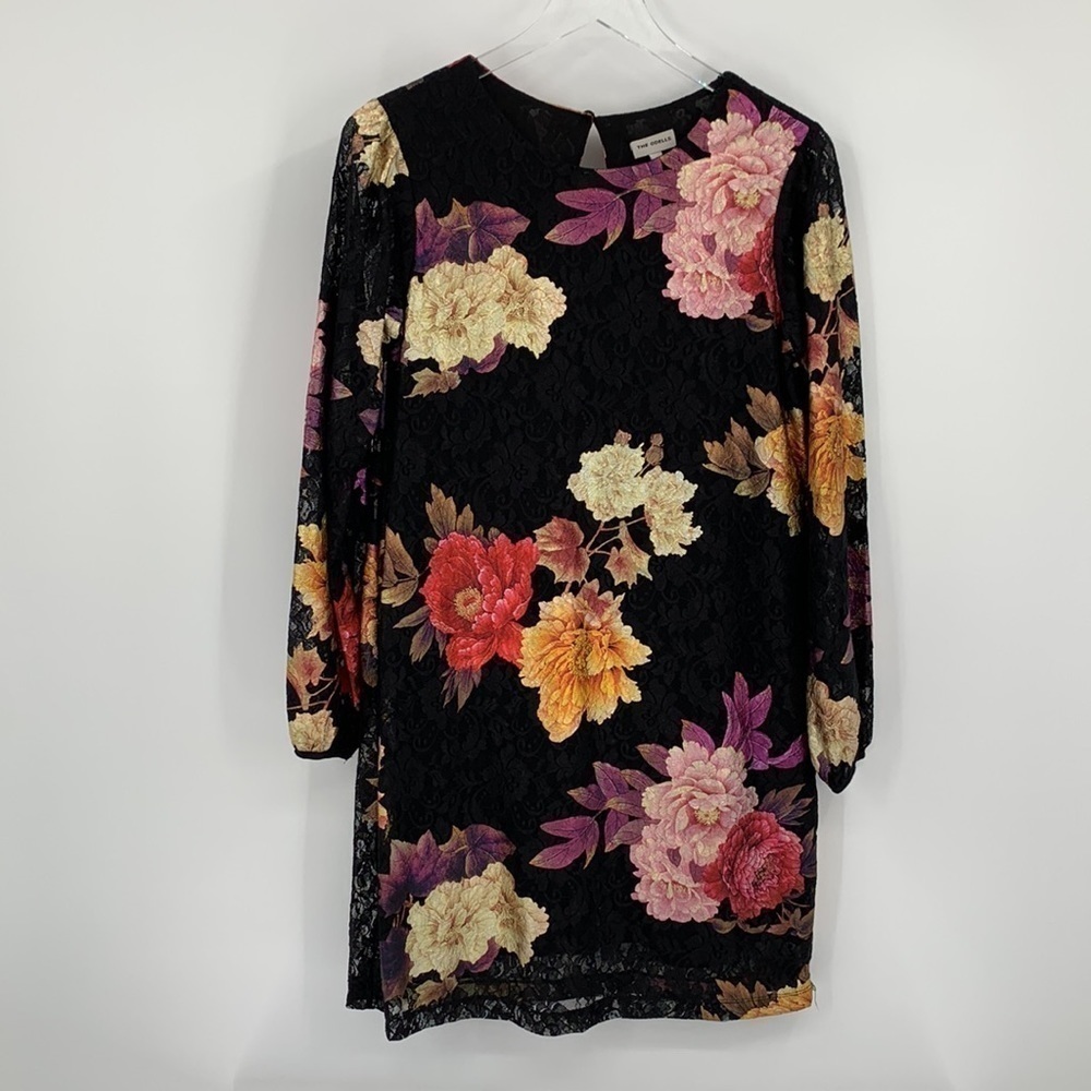 The Odells Maya lace shift dress dark floral metallic black long sleeve new XS
